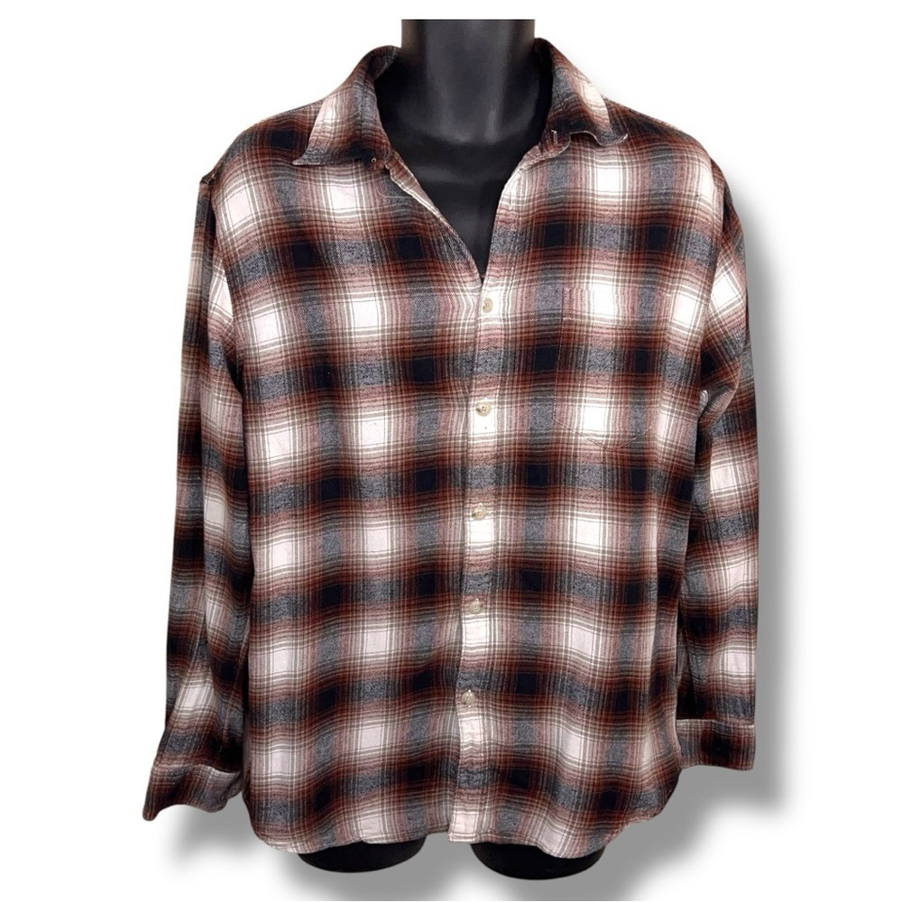 Medium Sonoma Mens Flannel Shirt Long Sleeve Button Front Brown White Plaid